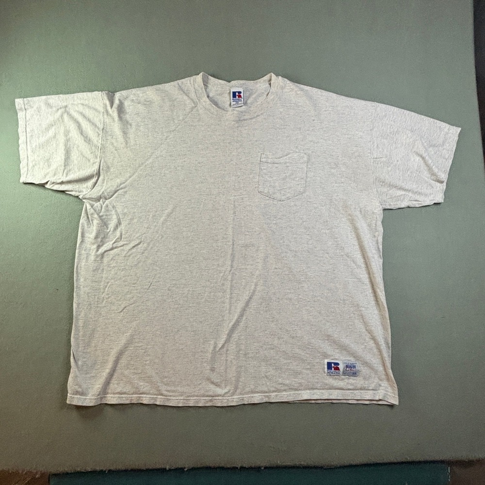 VTG Russell Athletic Mens XXL High Cotton Pocket T-Shirt Gray Made in USA Y2K